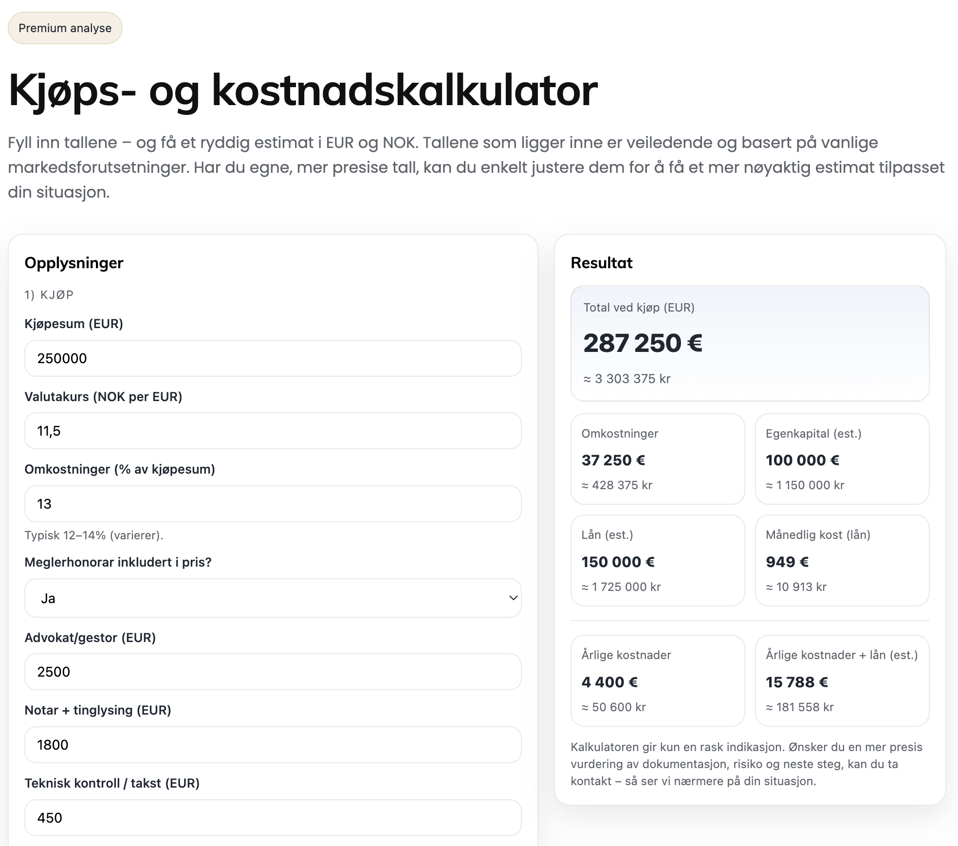 Kjøps- og kostnadskalkulator